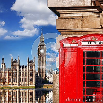 London symbols with BIG BEN and red PHONE BOOTHS in England Stock Photo