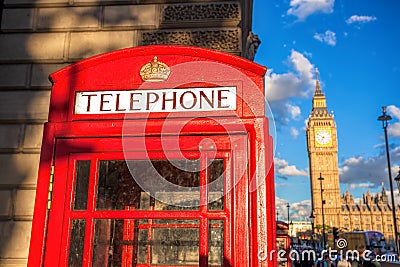 London symbols with BIG BEN and red PHONE BOOTHS in England, UK Editorial Stock Photo