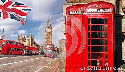 London symbols with BIG BEN, DOUBLE DECKER BUS and Red Phone Booths in England, UK Stock Photo