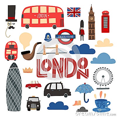 London symbols hand drawn set. Booth, bus, Tower bridge, London eye etc. Vector Illustration