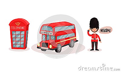 London Symbols with Red Telephone Booth and Double Deck Bus Vector Set Vector Illustration