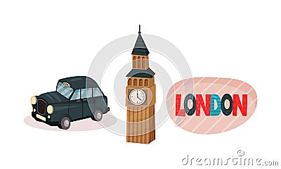 London Symbols with Taxi Cab and Big Ben Tower with Clock Vector Set Vector Illustration