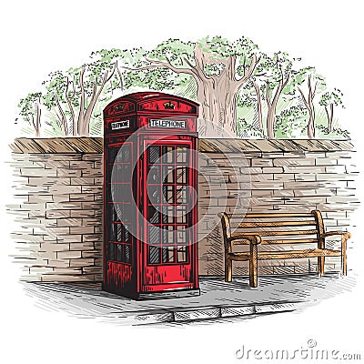 london telephone booth at a brick wall with a bench sketch Vector Illustration