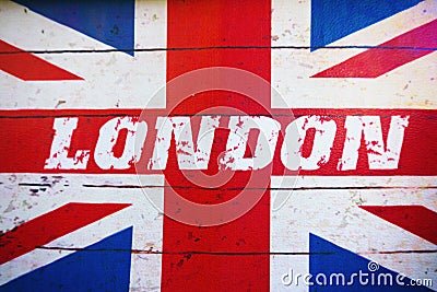 London text on old designed grunge british flag Stock Photo