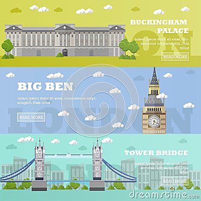 London tourist landmark banners. Vector illustration with famous buildings. Tower bridge, Big Ben and Buckingham Palace Vector Illustration