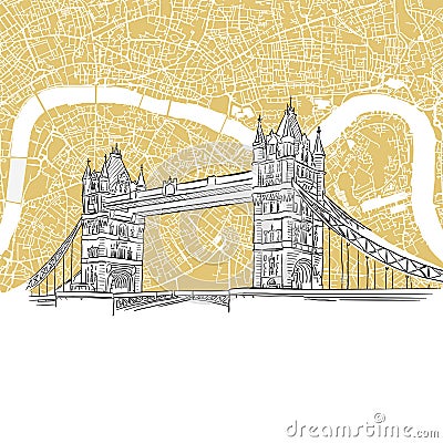 London Tower Bridge with Colored Map Vector Illustration