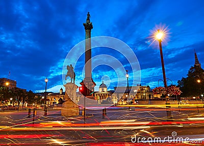 London Trafalgar Square sunset Nelson column Editorial Stock Photo