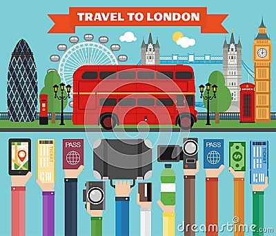 London travel concept design flat with bus Vector Illustration