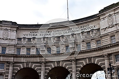 Admiralty Arch from Trafalgar Square to The Mall. Whitehall, London, United Kingdom. Editorial Stock Photo