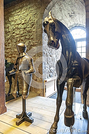 Collections of the Royal Armouries exhibited inside the White Tower building at the Tower of London, England Editorial Stock Photo