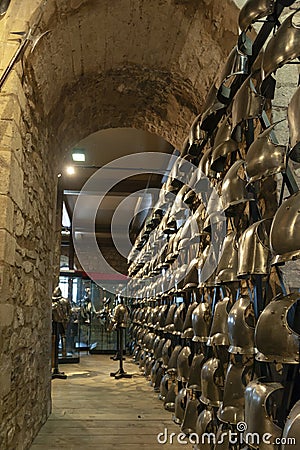 Collections of the Royal Armouries exhibited inside the White Tower building at the Tower of London, England Editorial Stock Photo