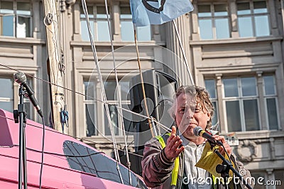 London, UK - April 15, 2019: Extinction Rebellion campaigners spokesman gave speech on a a pink boat in blocked Oxford Circus Editorial Stock Photo