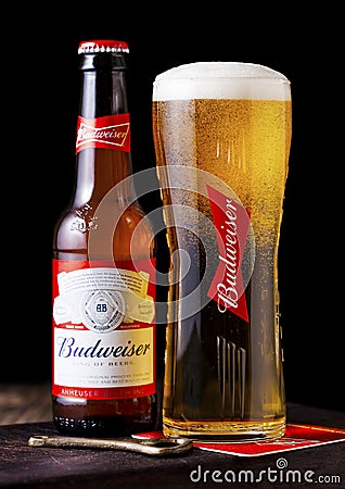 LONDON, UK - APRIL 27, 2018: Glass bottle of Budweiser Beer on w Editorial Stock Photo