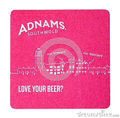 LONDON, UK - AUGUST 22, 2018: Adnams beer beermat coaster isolated on white background. Editorial Stock Photo