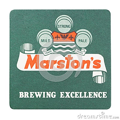 LONDON, UK - AUGUST 22, 2018: Marston`s beer beermat coaster isolated on white background. Editorial Stock Photo
