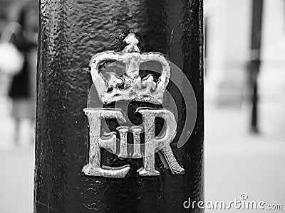 Royal cypher of the Queen in London black and white Editorial Stock Photo