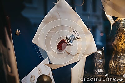 Harry Potter Hogwarts letters on a retail window display of MinaLima store in Covent Garden, London, UK Editorial Stock Photo