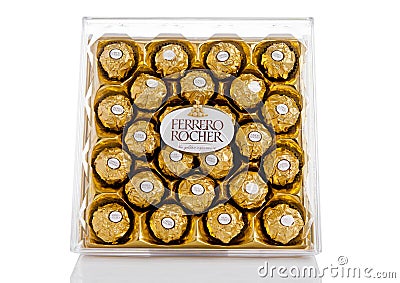 LONDON, UK - FEBRUARY 28, Ferrero Rocher premium chocolate sweets plastic box Editorial Stock Photo