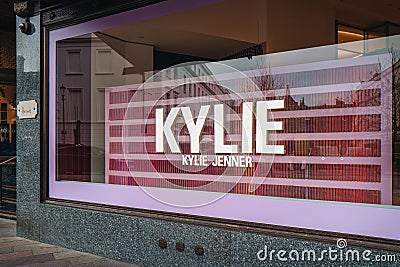 Kylie Cosmetics sign in the window of Harrods department store in Knightsbridge, London, UK Editorial Stock Photo