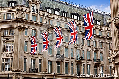 London UK flags in Oxford Street W1 Stock Photo
