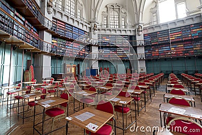 Interior of the Octagon Library at Queen Mary, University of London in Mile End, East London, with colourful leather bound books Editorial Stock Photo