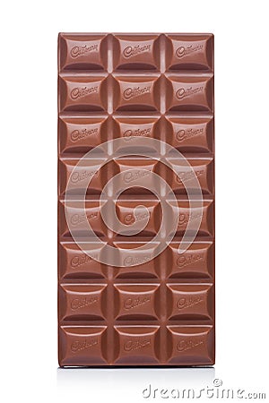 LONDON, UK - JANUARY 10, 2018: Cadbury Milk Chocolate bar on white. Cadbury is British multinational confectionery company. Editorial Stock Photo