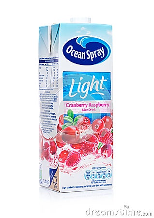 LONDON, UK - JANUARY 02, 2018: Pack Of Ocean Spray brand Cranberry Light Juice on a White. Editorial Stock Photo