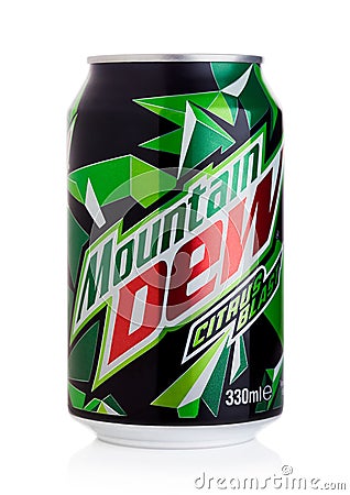 LONDON, UK - JULY 28, 2018: Aluminium tin of Mountain Dew drink on white. Mountain Dew citrus-flavored soft drink produced by Peps Editorial Stock Photo