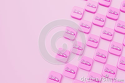 LONDON, UK - July 2023: Barbie doll logo. Barbie is a fashion doll made by Mattel. 3D Rendering Editorial Stock Photo