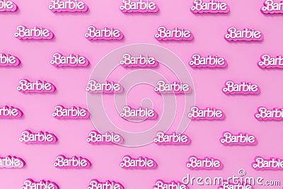 LONDON, UK - July 2023: Barbie doll logo. Barbie is a fashion doll made by Mattel. 3D Rendering Editorial Stock Photo