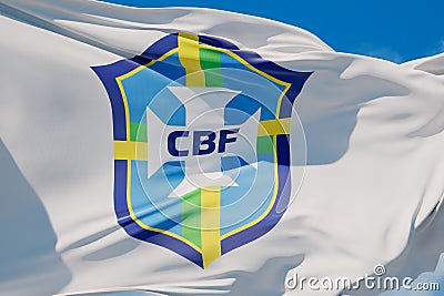 LONDON, UK - July 2023: Brazil national football team logo badge on a flying flag. 3D Rendering Editorial Stock Photo