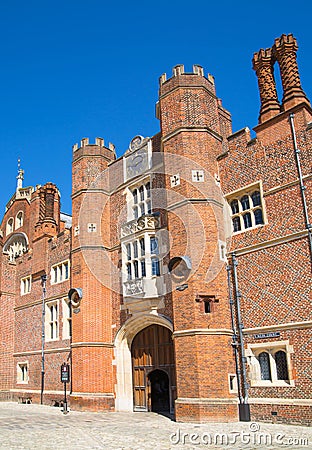 English architecture Tudors time, West Front of Hampton court with entrance gate, locates in West London Editorial Stock Photo
