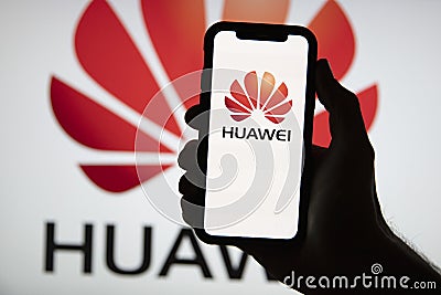 LONDON, UK - July 2020: Huawei company logo on a smartphone Editorial Stock Photo