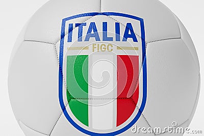 LONDON, UK - July 2023: Italy national football team logo badge on a soccer ball. 3D Rendering Editorial Stock Photo