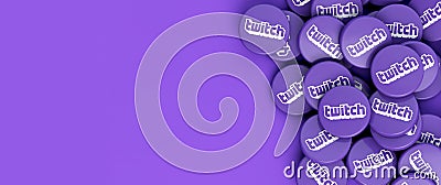 LONDON, UK - July 2022: Twitch video game live streaming logo on round disks. 3D Rendering Editorial Stock Photo