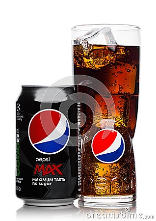 LONDON, UK - JUNE 9, 2017: Aluminium can and glass with ice cubes of Pepsi Cola MAX soft drink on white background.American multin Editorial Stock Photo