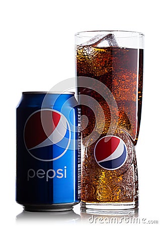 LONDON, UK - JUNE 9, 2017: Aluminium can and glass with ice cubes of Pepsi Cola soft drink on white.American multinational food an Editorial Stock Photo