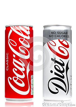 LONDON, UK - JUNE 9, 2017: Aluminium cans of Coca cola soft drink on white.The Coca-Cola Company, an American multinational bevera Editorial Stock Photo