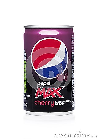 LONDON, UK - JUNE 01, 2018: Aluminium mini can of Pepsi Cola Cherry soft drink on white.American multinational food and beverage c Editorial Stock Photo