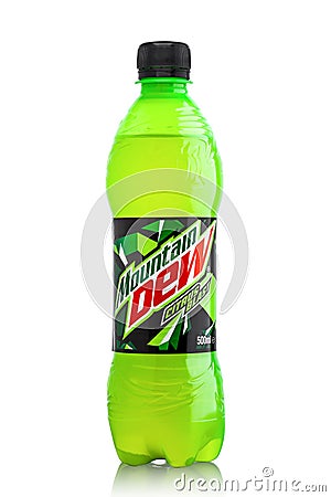 LONDON, UK - JUNE 9, 2017: Bottle of Mountain Dew drink on ice isolated on white. Mountain Dew citrus-flavored soft drink produced Editorial Stock Photo