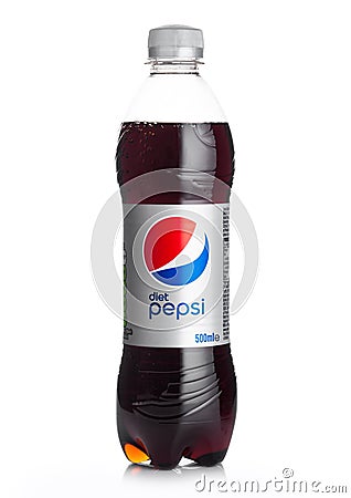 LONDON, UK - JUNE 02, 2018: Plastic bottle of Pepsi Cola Diet soft drink on white.American multinational food and beverage company Editorial Stock Photo