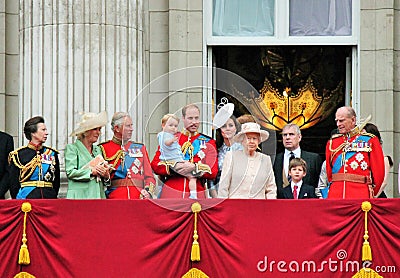 Queen Elizabeth Philip & Royal Family: Prince William Kate, Charles, Philip, Buckingham Palace, Trooping the Colour, Prince George Editorial Stock Photo