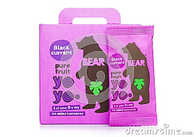 LONDON, UK - MARCH 11, 2019: Box of BEAR YOYO Delicious Pure Fruit Rolls Kids Snack with Black Currant on white background Editorial Stock Photo