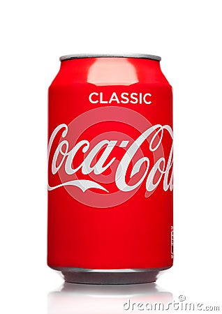 LONDON,UK - MARCH 21, 2017 : A can of Coca Cola drink on white. The drink is produced and manufactured by The Coca-Cola Company. Editorial Stock Photo