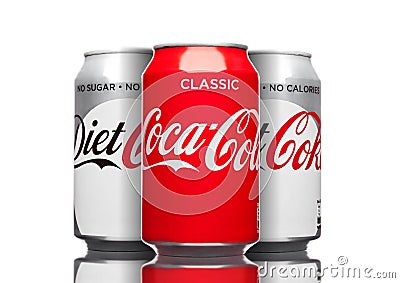 LONDON,UK - MARCH 21, 2017 : Cans of Coca Cola classic and Diet drink on white. The drink is produced and manufactured by The Co Editorial Stock Photo