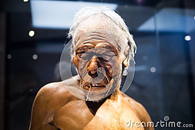 London. Neanderthal Homo adult male, based on 40000 year-old remains found at Spy in Belgium. Editorial Stock Photo
