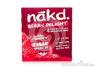 LONDON, UK - MARCH 01, 2019: Pack of NAKD Raw Fruit and Nut Wholefood Bars with Berrie Delight on white background Editorial Stock Photo