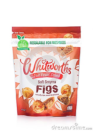 LONDON, UK - MARCH 11, 2019: Pack of Whitworth Just Fruit Dried Figs on white background Editorial Stock Photo