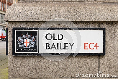 Street sign for Old Bailey in City of London in post code EC4 Editorial Stock Photo