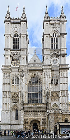 Vertical panorama of western facade of Westminster Abbey London Editorial Stock Photo